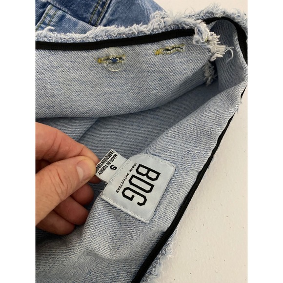 BDG Urban Outfitters Patchwork Denim Wrap Mini Skirt Blue Size S Raw Hem Pocket - Picture 7 of 7